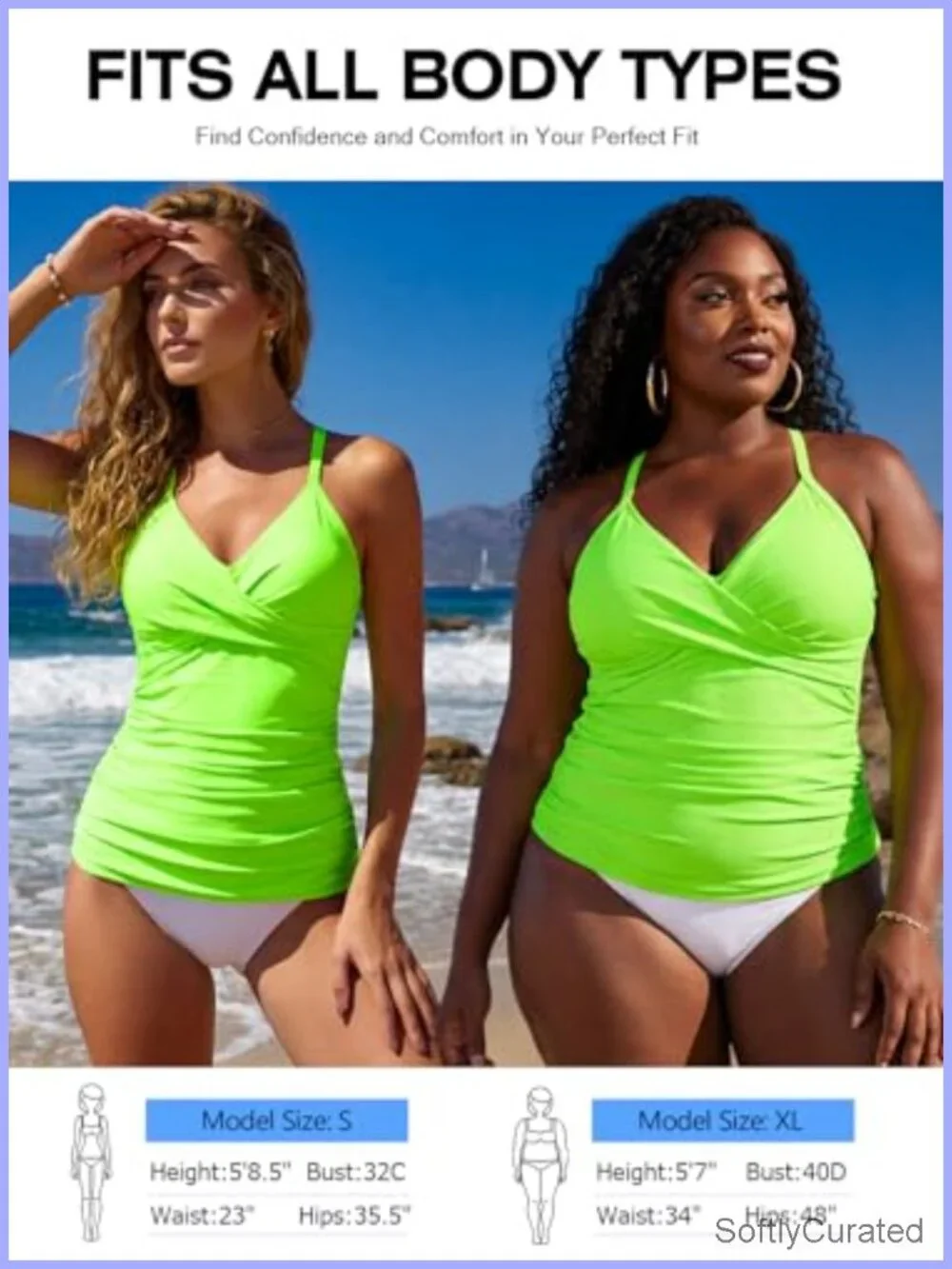V Neck Tankini Top Ruched Tummy Control Push Up Swimsuit Top